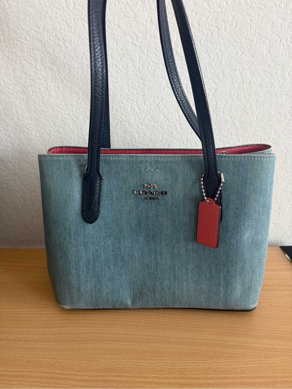 Coach Denim Avenue Tote with Navy Straps and Pink interior